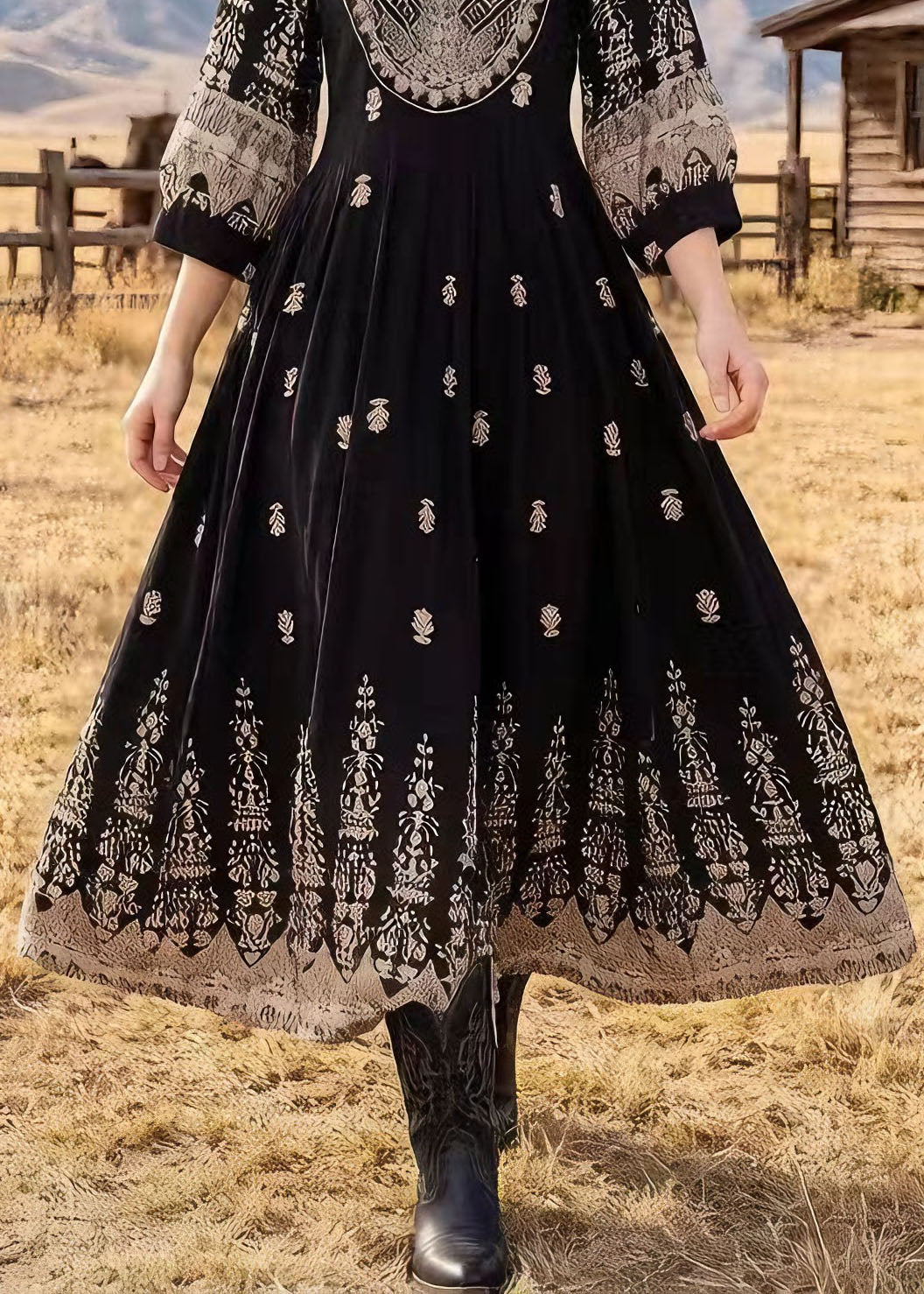 Women Black O Neck Print Cotton Dresses Bracelet Sleeve
