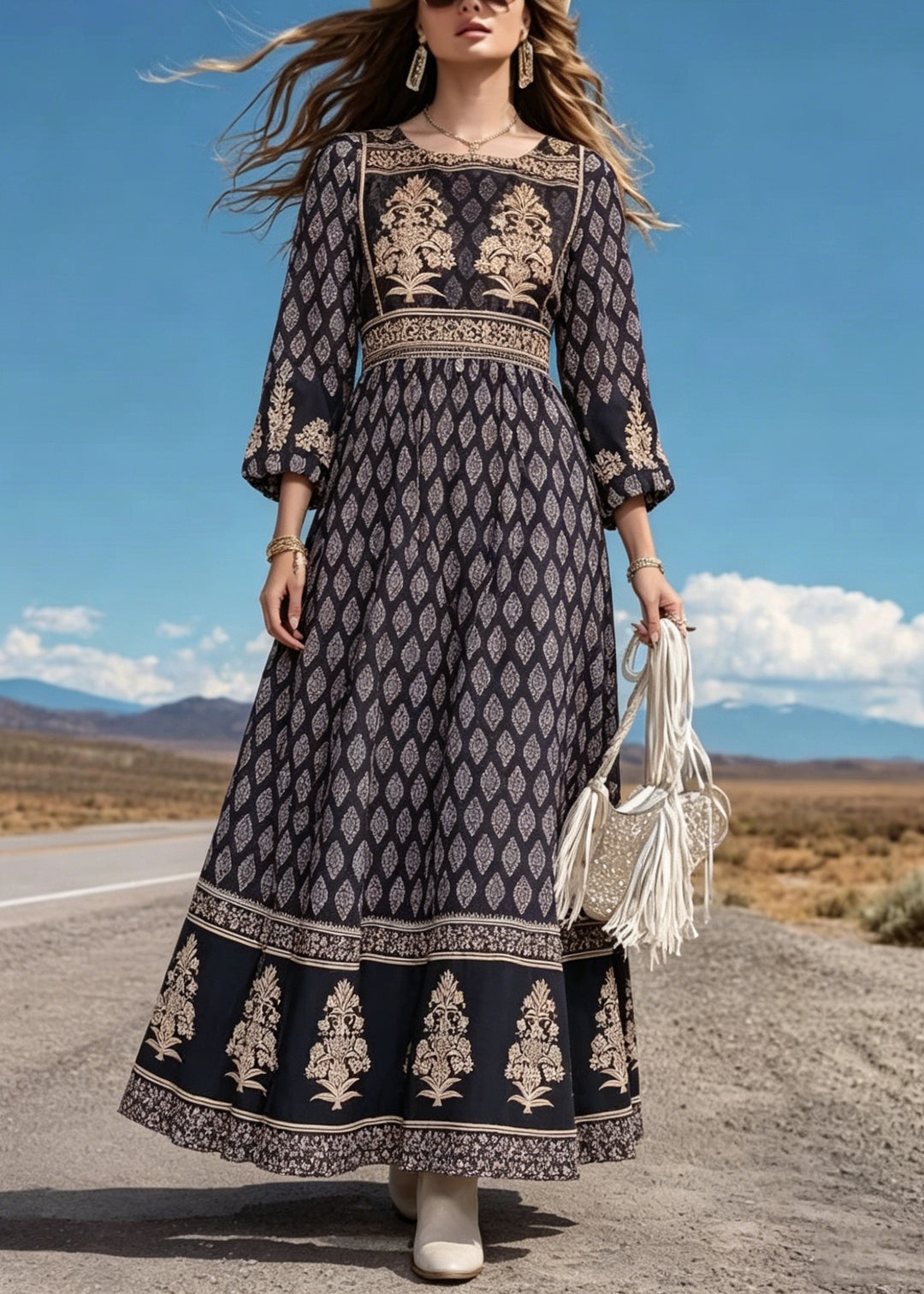 Women Black O Neck Print Cotton Long Dress Summer
