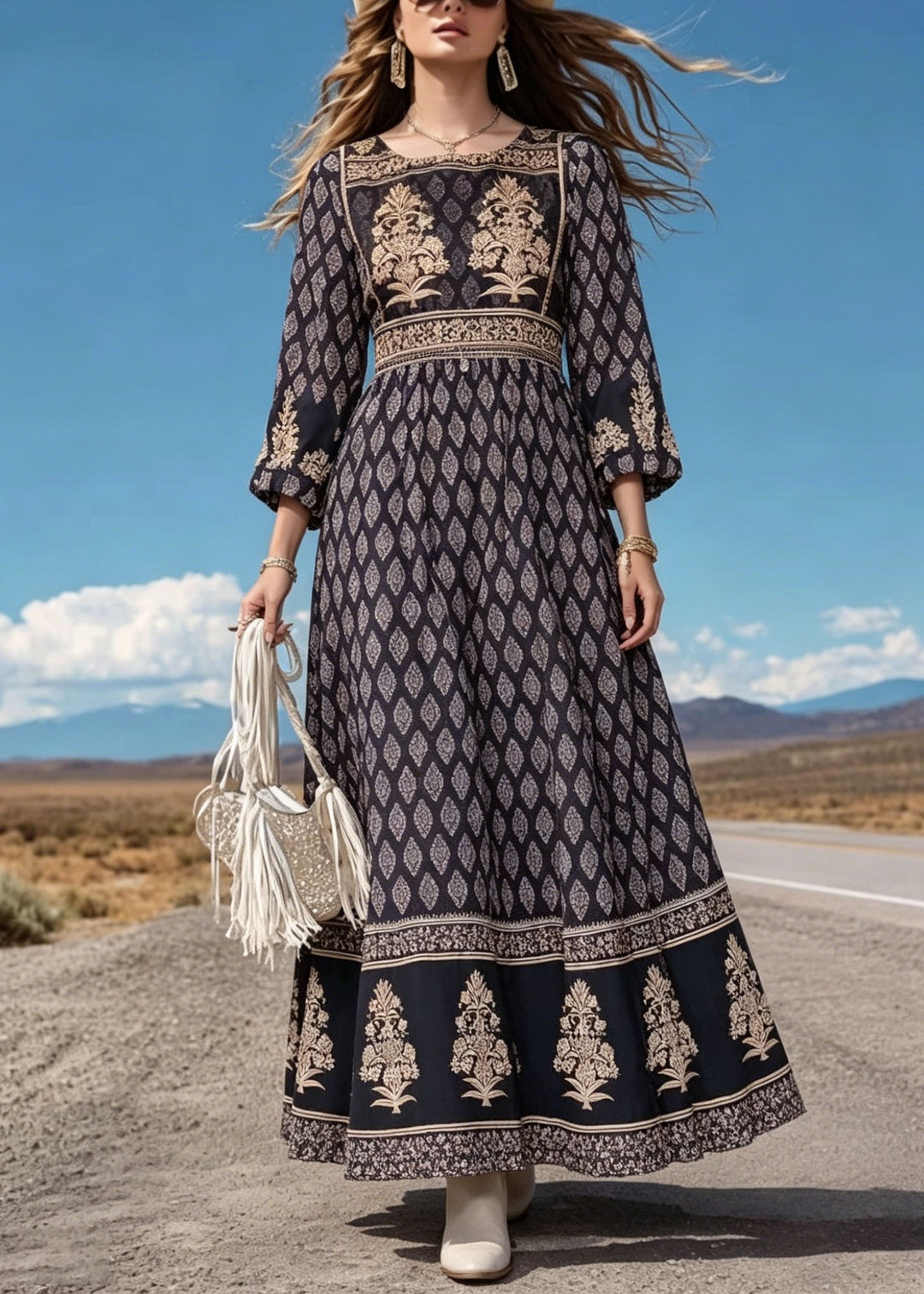 Women Black O Neck Print Cotton Long Dress Summer
