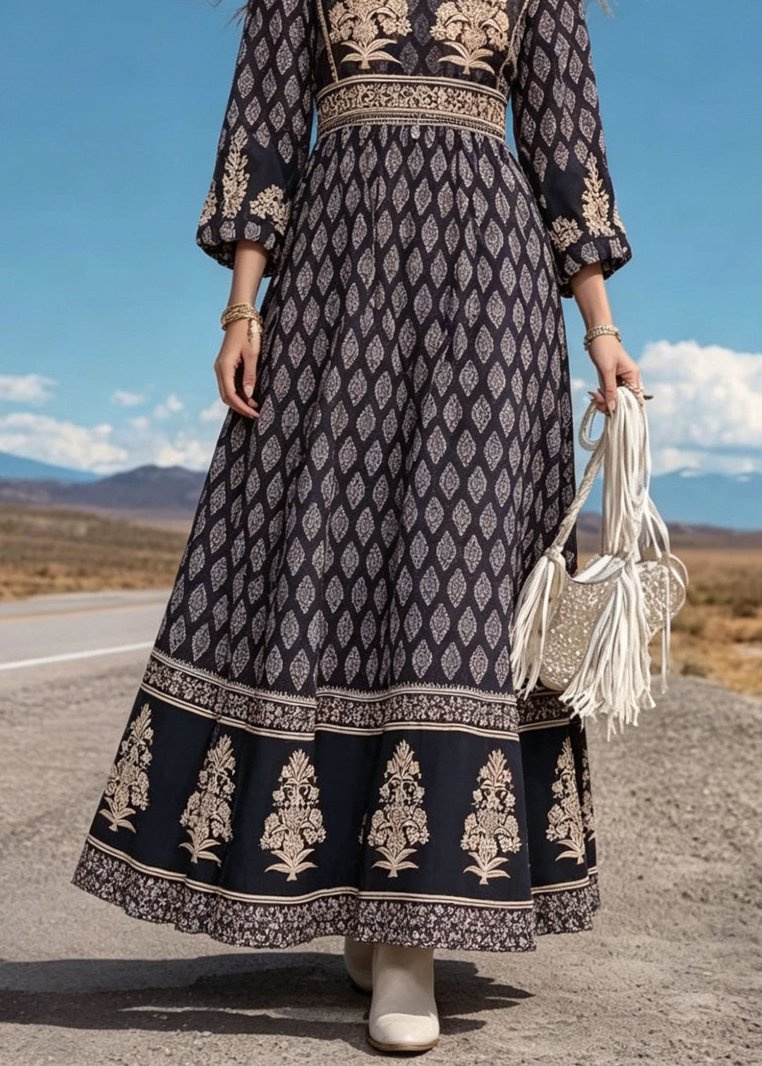 Women Black O Neck Print Cotton Long Dress Summer