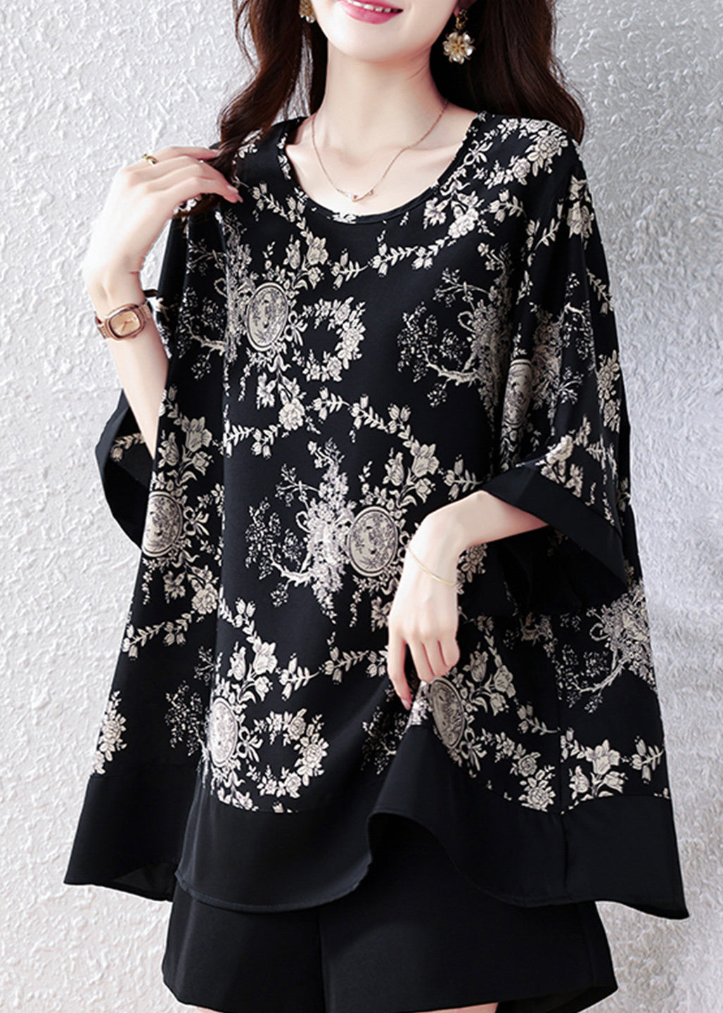 Women Black O Neck Print Loose Chiffon Top Summer