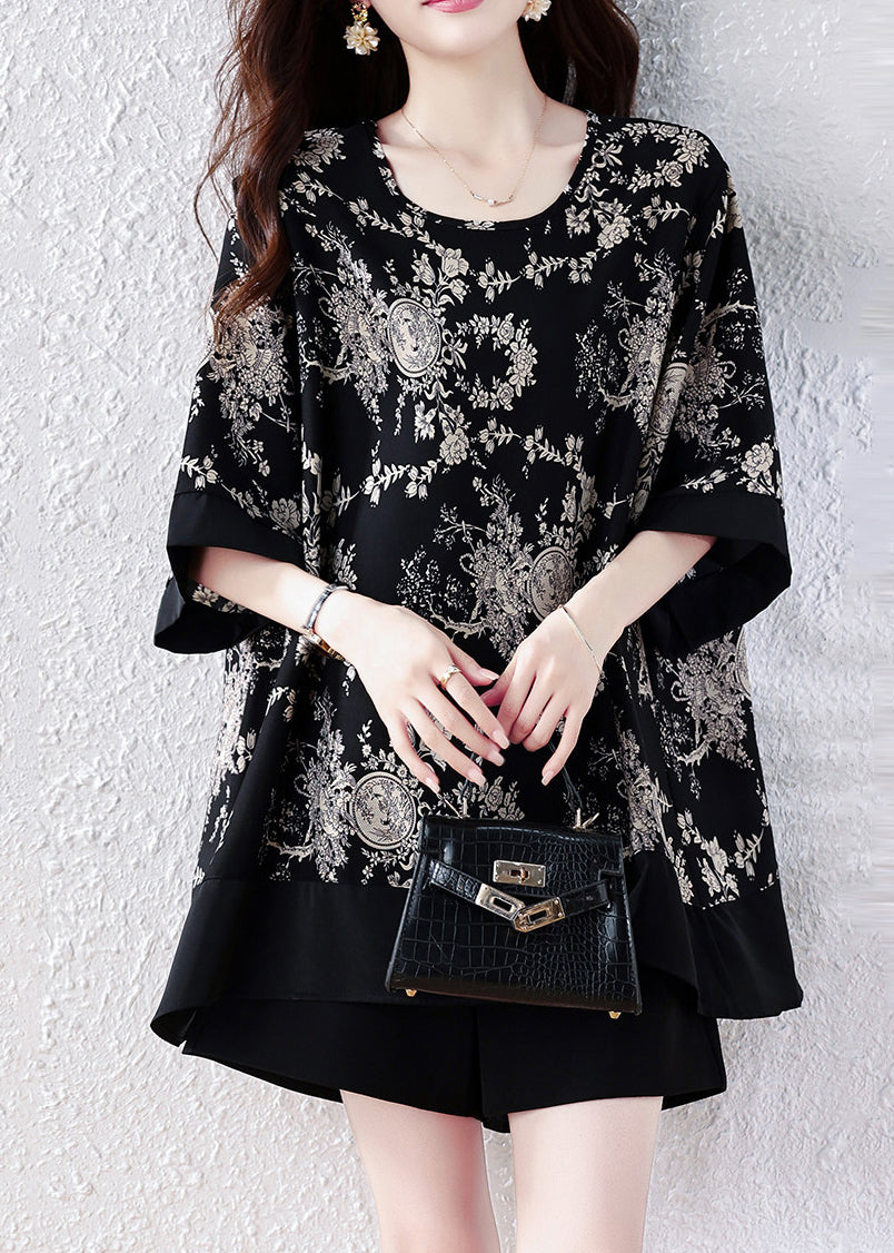 Women Black O Neck Print Loose Chiffon Top Summer