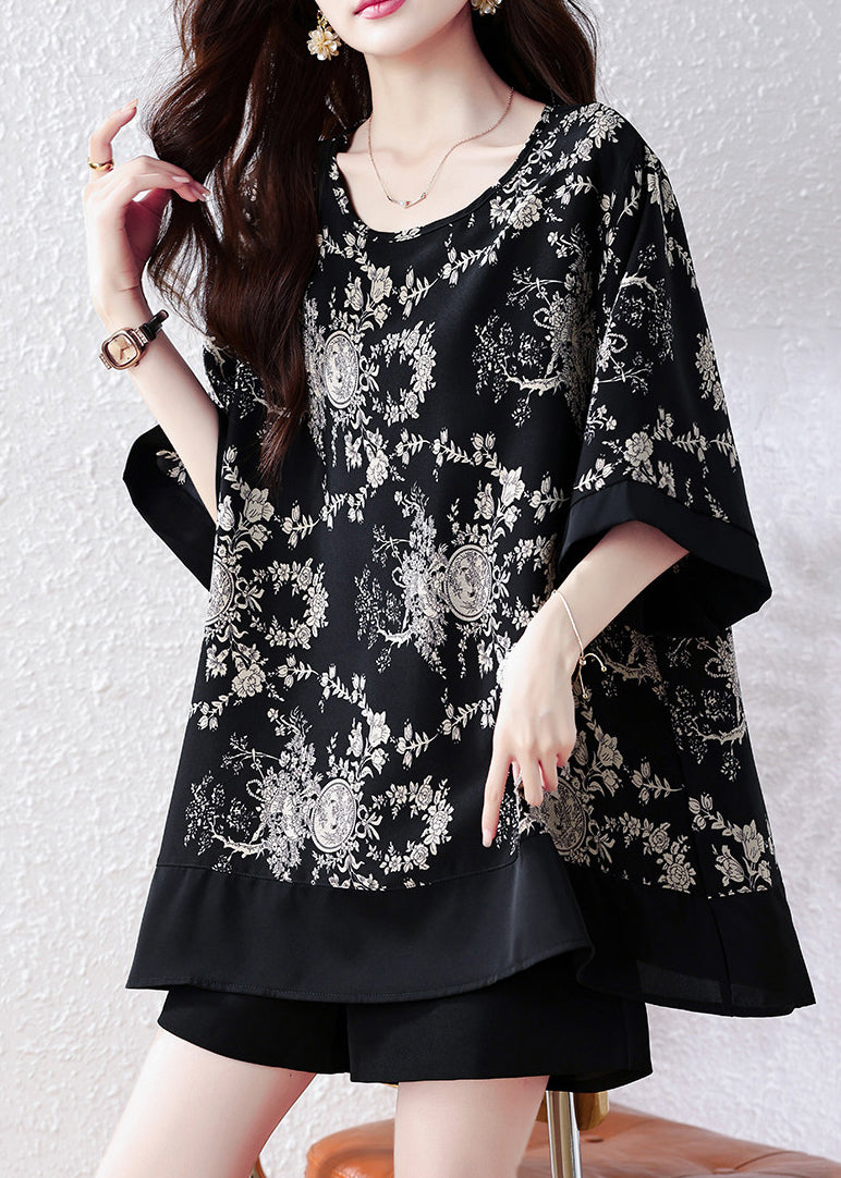 Women Black O Neck Print Loose Chiffon Top Summer