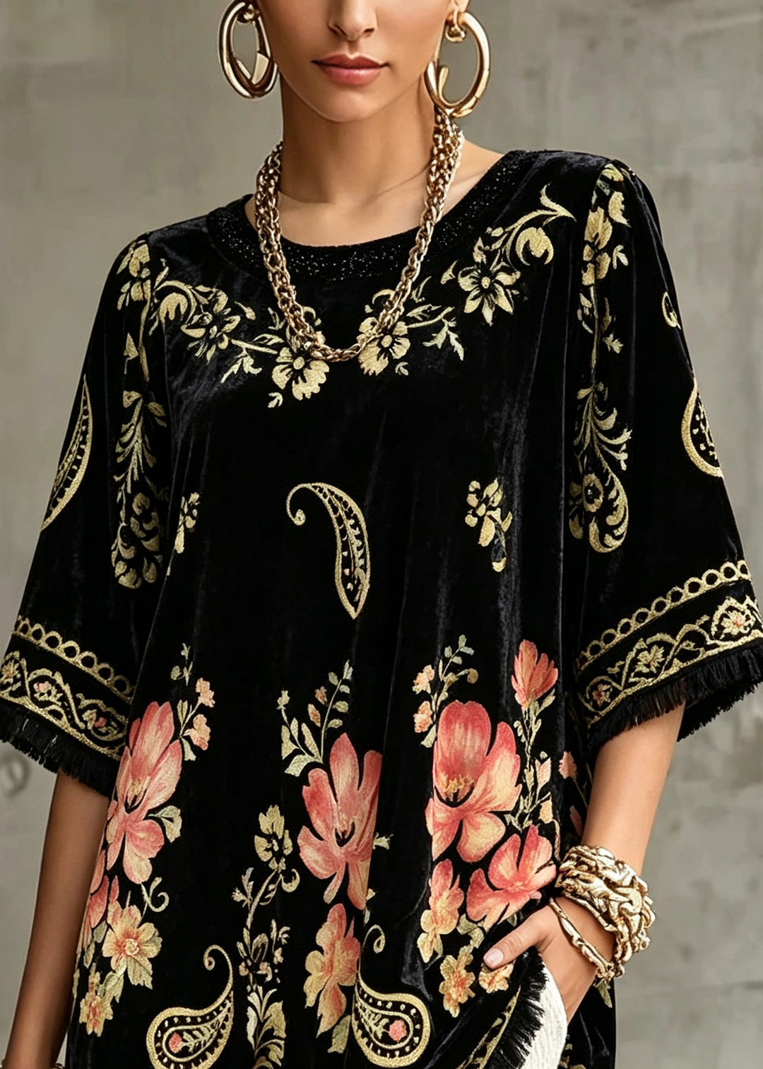 Women Black O-Neck Print Silk Top Short Sleeve