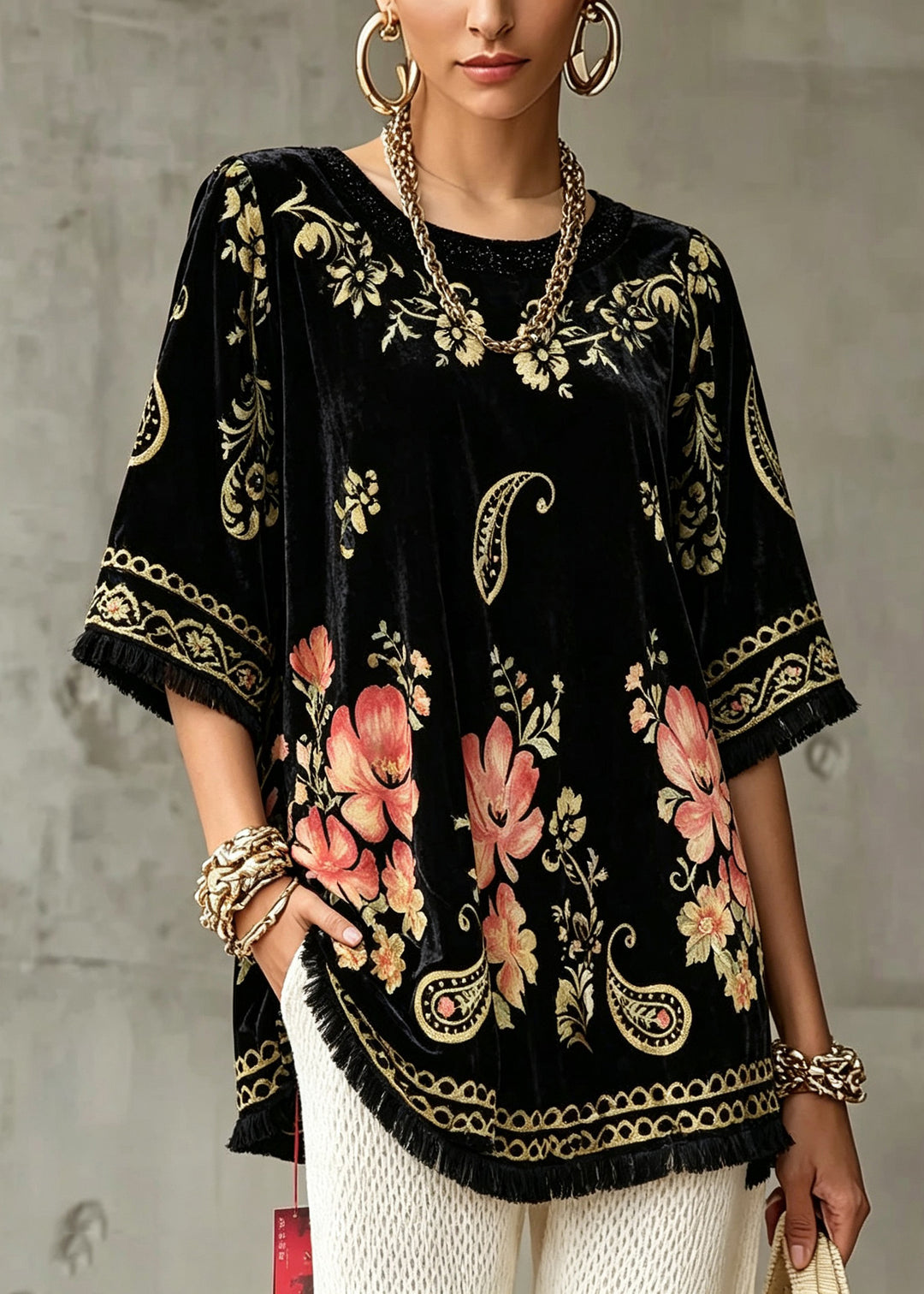 Women Black O-Neck Print Silk Top Short Sleeve