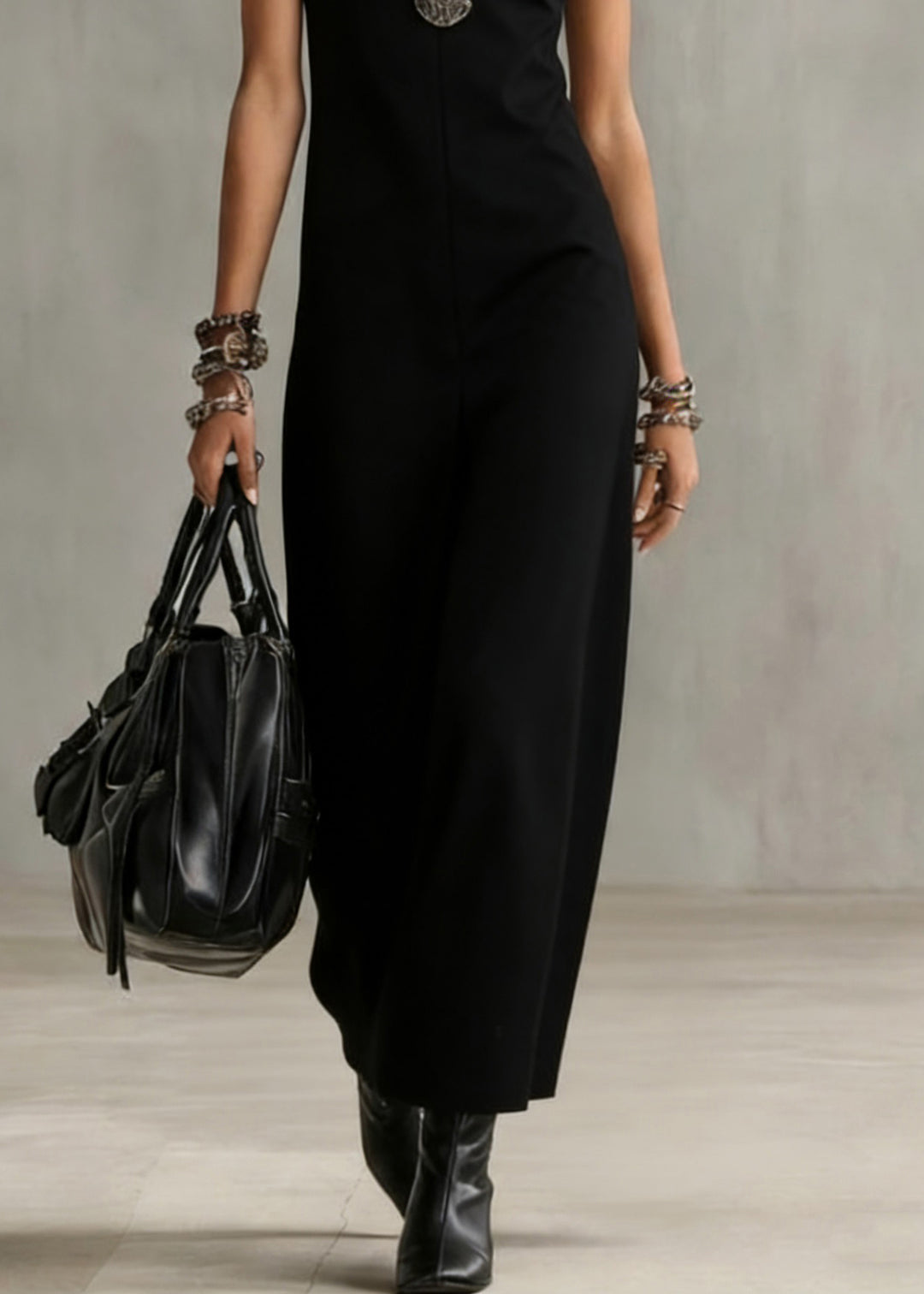Women Black O Neck Solid Cotton Long Dress Sleeveless