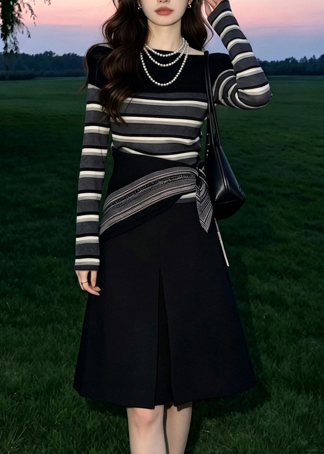 Women Black O-Neck Striped Three Piece Set Fall