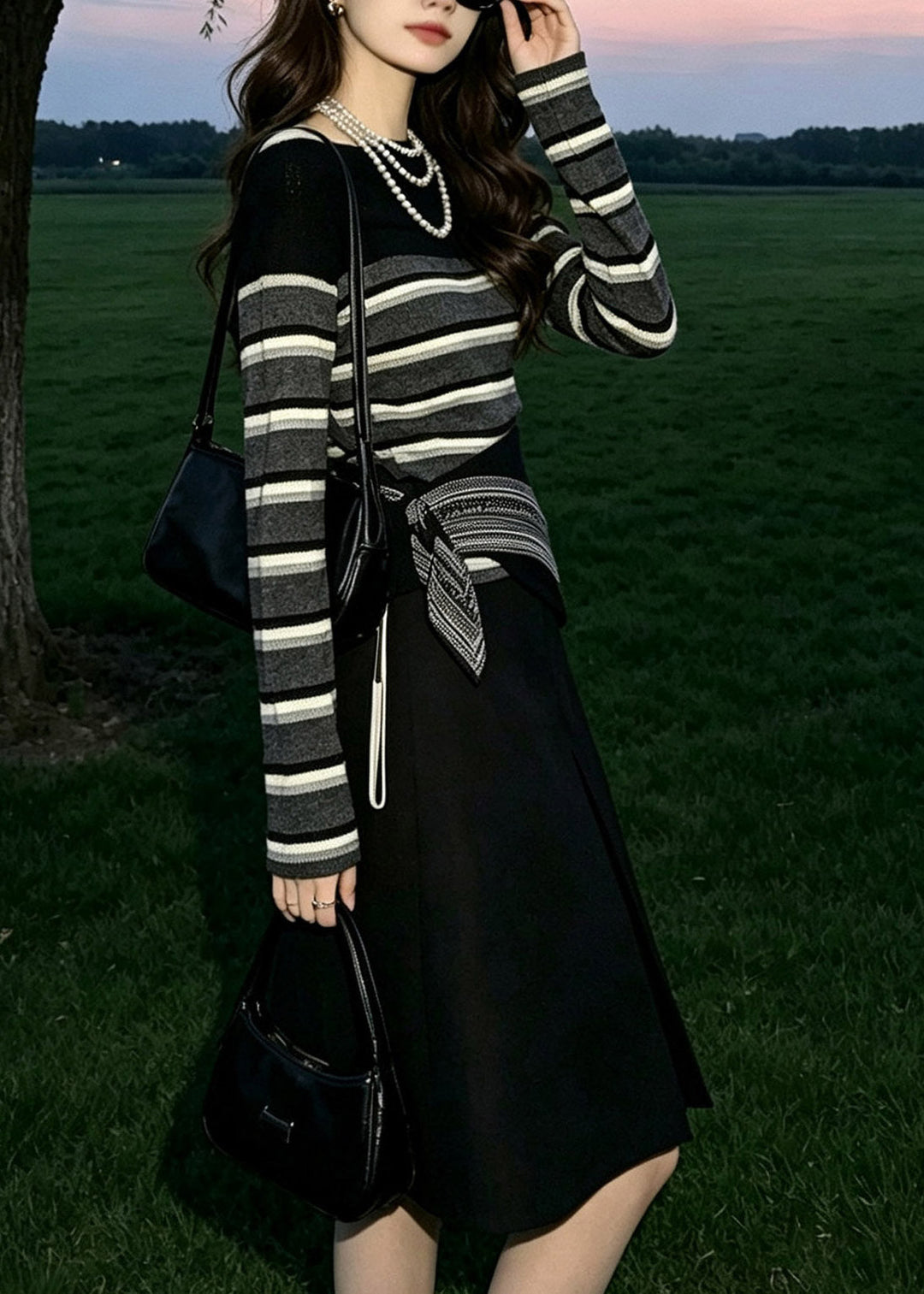 Women Black O-Neck Striped Three Piece Set Fall