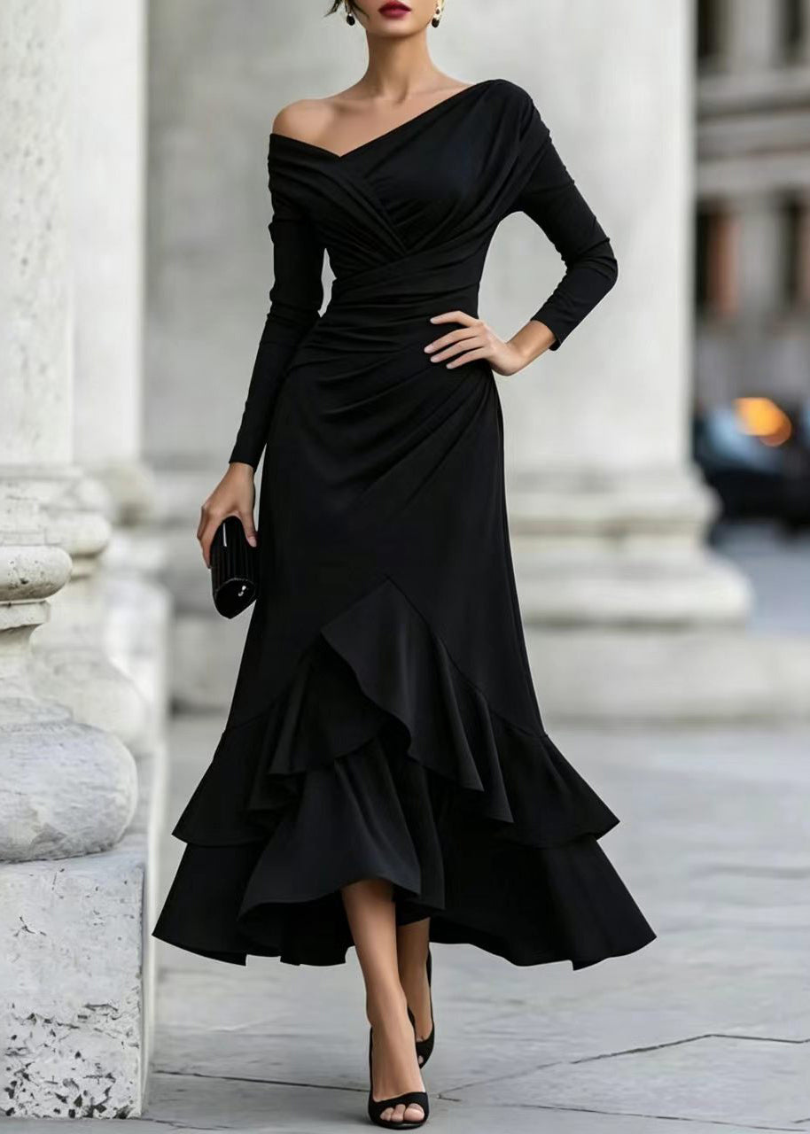 Women Black One Shoulder Asymmetrical Ruffled Long Dress Fall