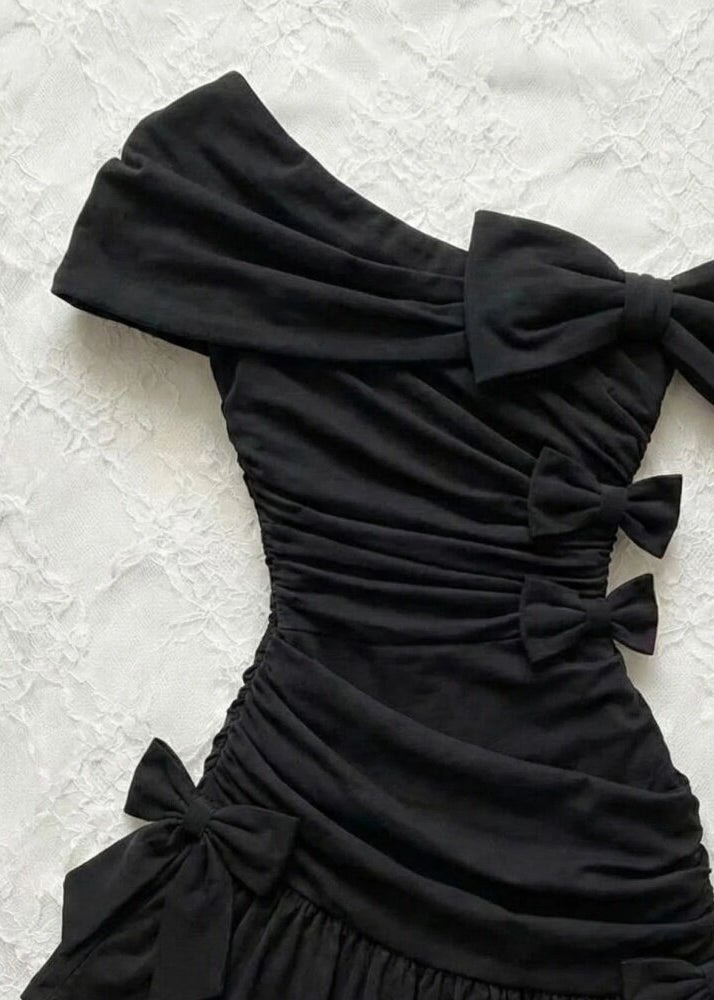 Women Black One Shoulder Bow Wrinkled Cotton Party Dress Summer