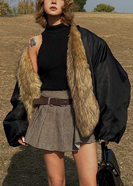 Women Black Oversized Patchwork Faux Fox Fur Coats Winter