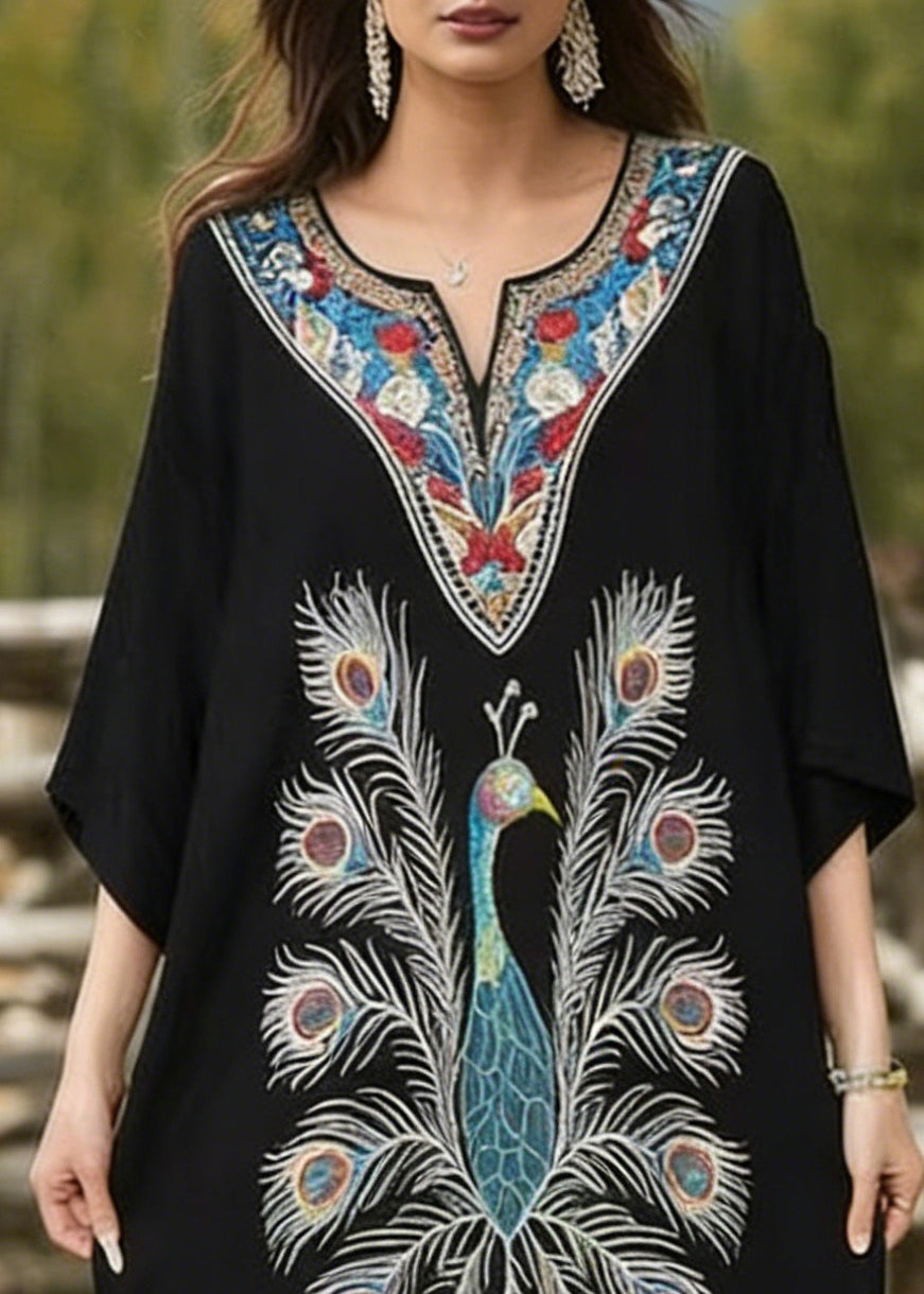 Women Black Oversized Peacock Print Cotton Long Dress Summer