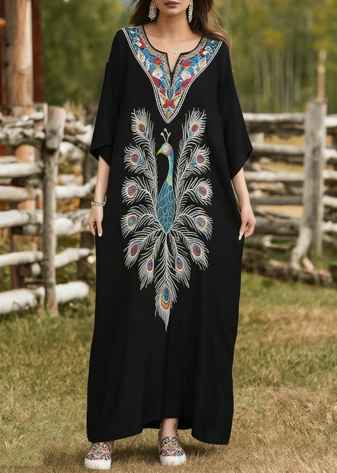 Women Black Oversized Peacock Print Cotton Long Dress Summer