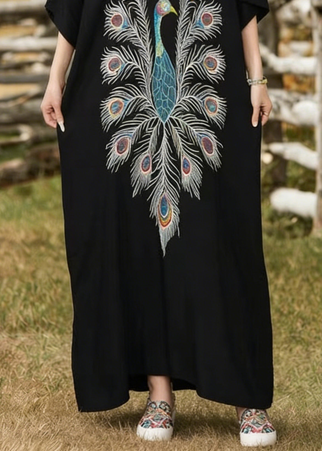 Women Black Oversized Peacock Print Cotton Long Dress Summer