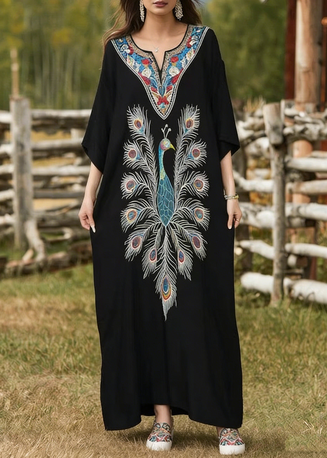 Women Black Oversized Peacock Print Cotton Long Dress Summer