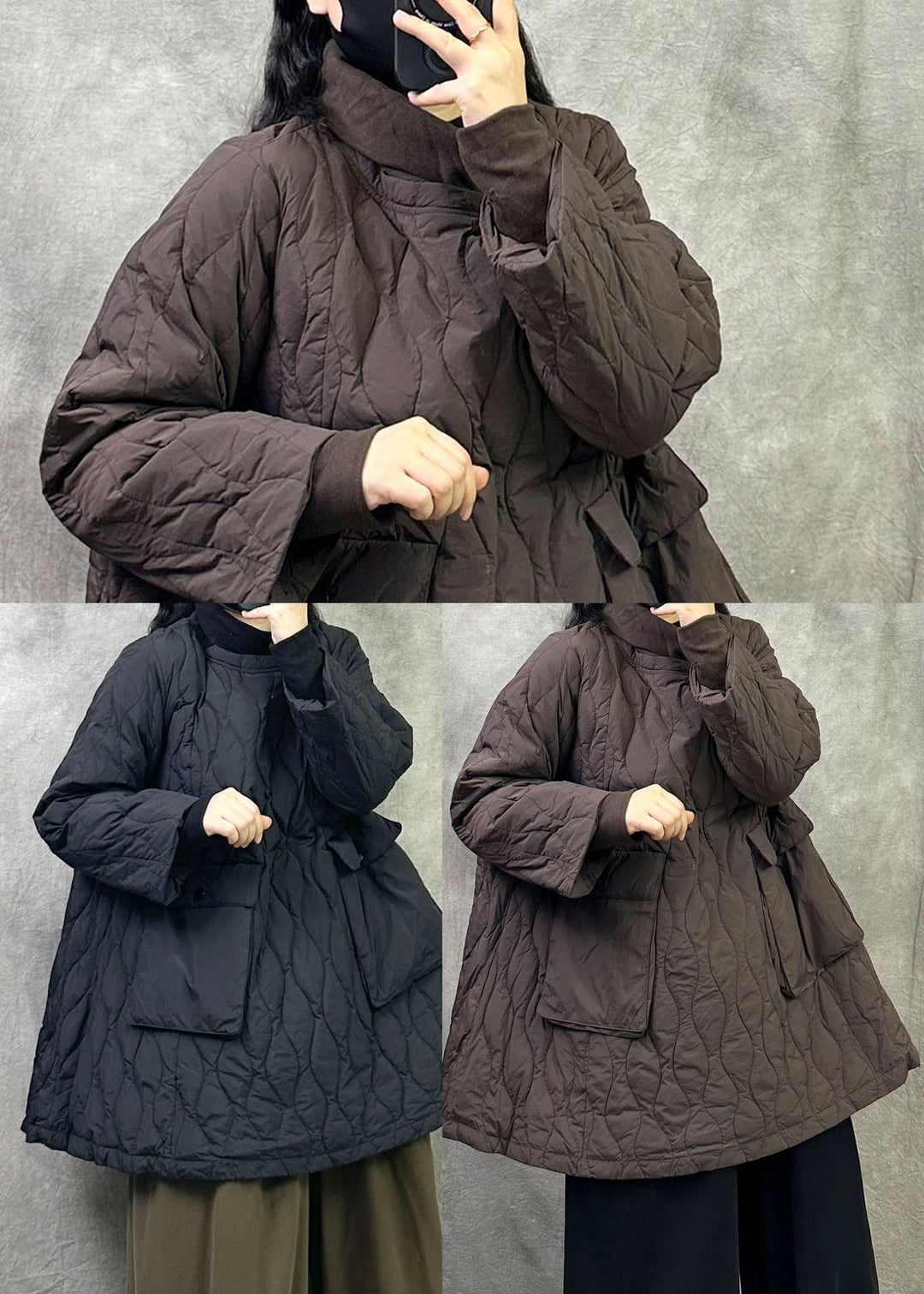 Women Black Oversized Pockets Duck Down Filled Parkas Winter