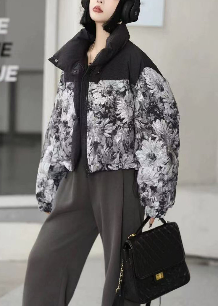 Women Black Oversized Print Duck Down Puffer Jacket Winter