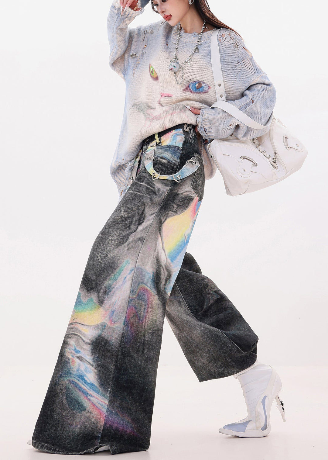 Women Black Oversized Tie Dye Denim Wide Leg Pants Fall