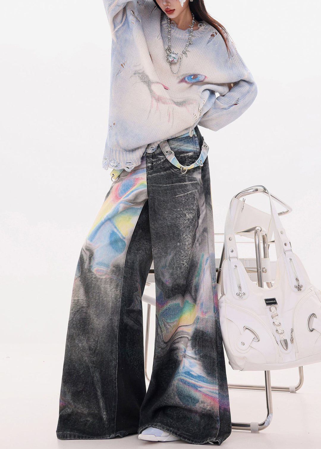 Women Black Oversized Tie Dye Denim Wide Leg Pants Fall
