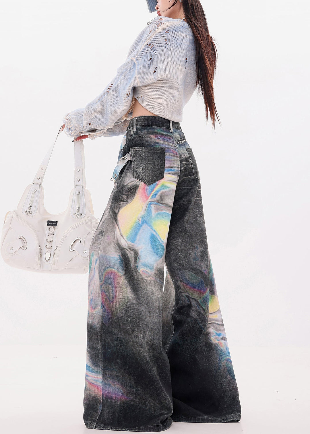 Women Black Oversized Tie Dye Denim Wide Leg Pants Fall
