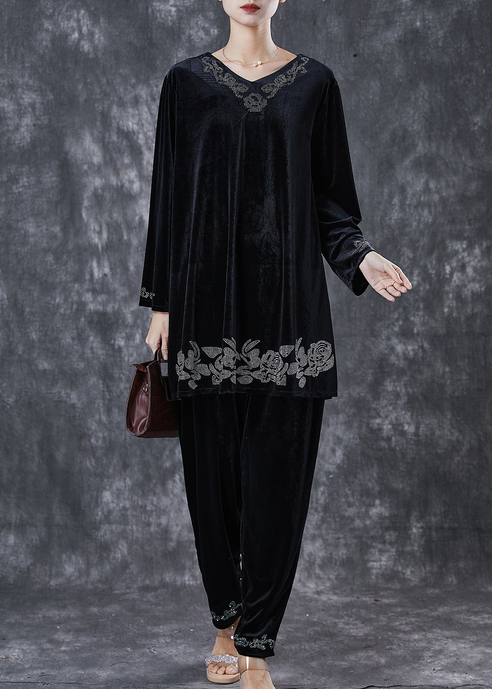 Women Black Oversized Zircon Silk Velvet Two Pieces Set Spring