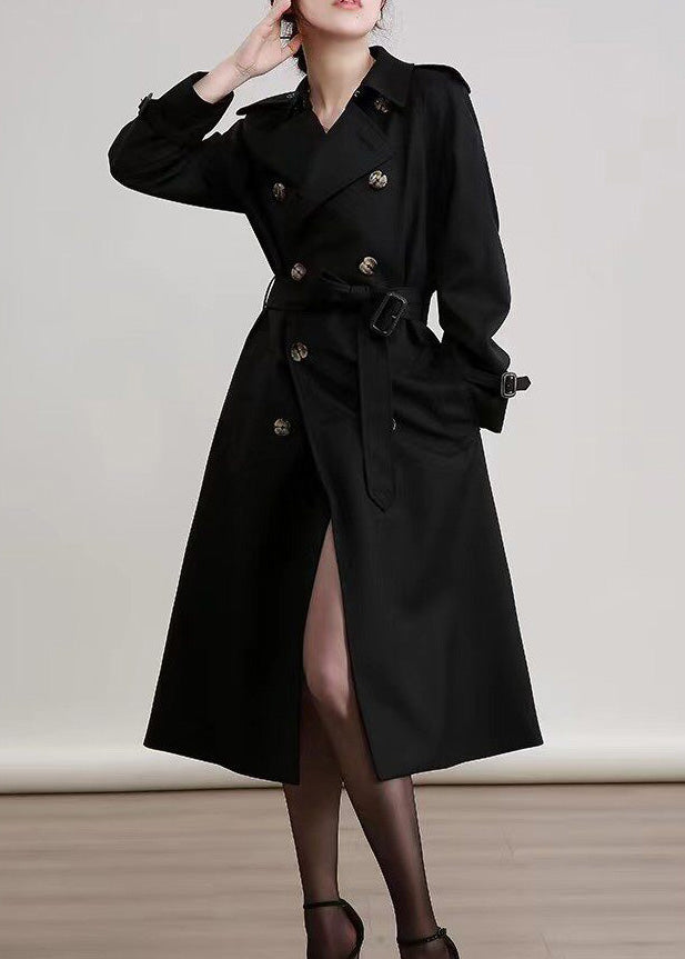 Women Black Peter Pan Collar Double Breast Cotton Trench Spring