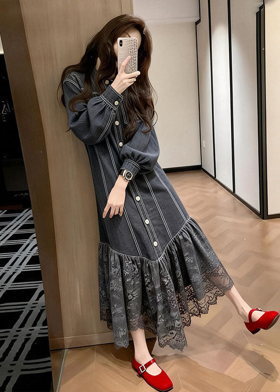 Women Black Peter Pan Collar Lace Patchwork Denim Dress Spring