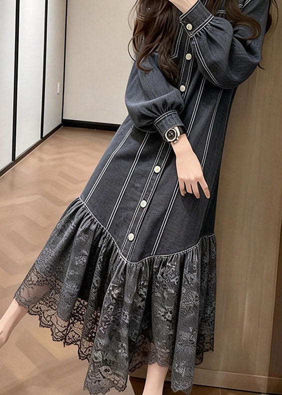 Women Black Peter Pan Collar Lace Patchwork Denim Dress Spring