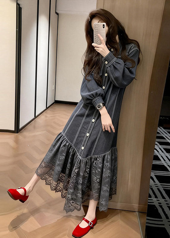 Women Black Peter Pan Collar Lace Patchwork Denim Dress Spring