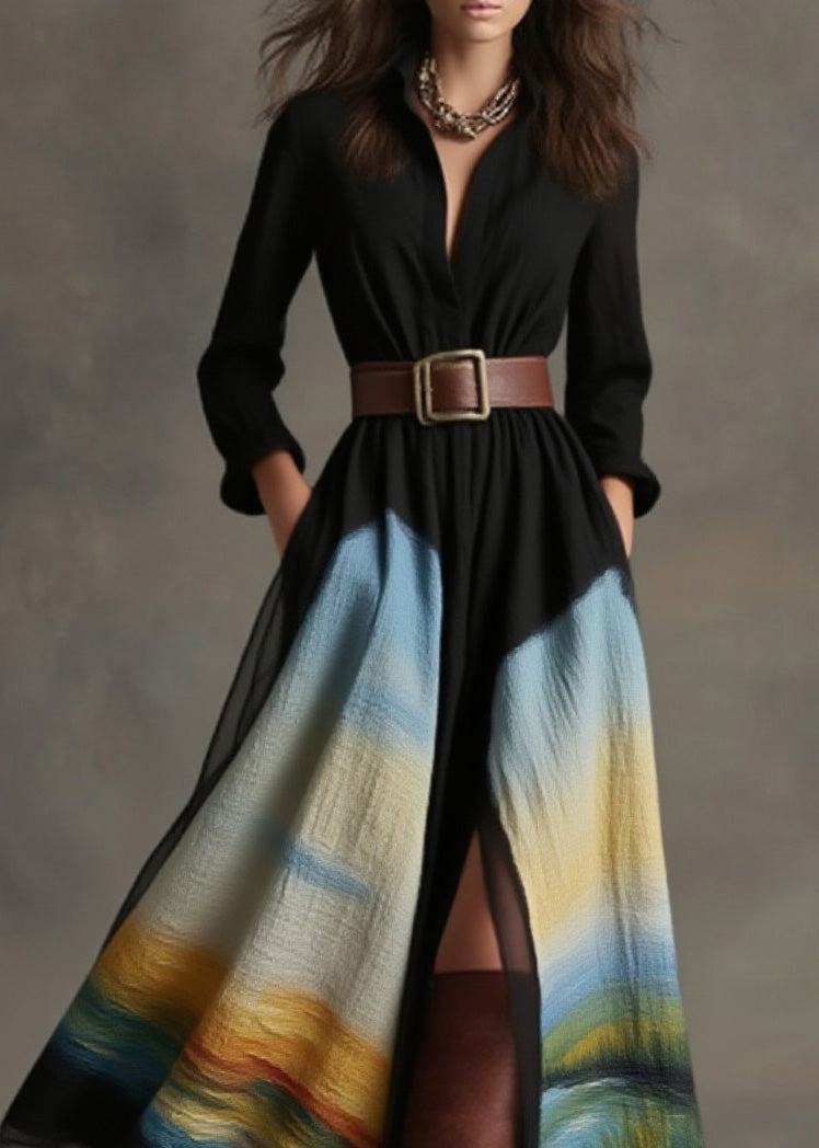 Women Black Peter Pan Collar Pockets Print Cotton Dress Spring