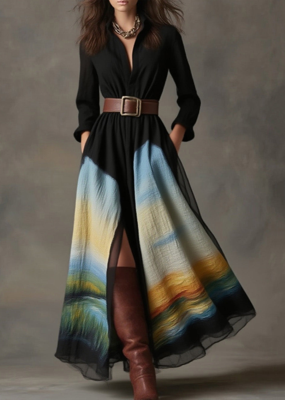 Women Black Peter Pan Collar Pockets Print Cotton Dress Spring