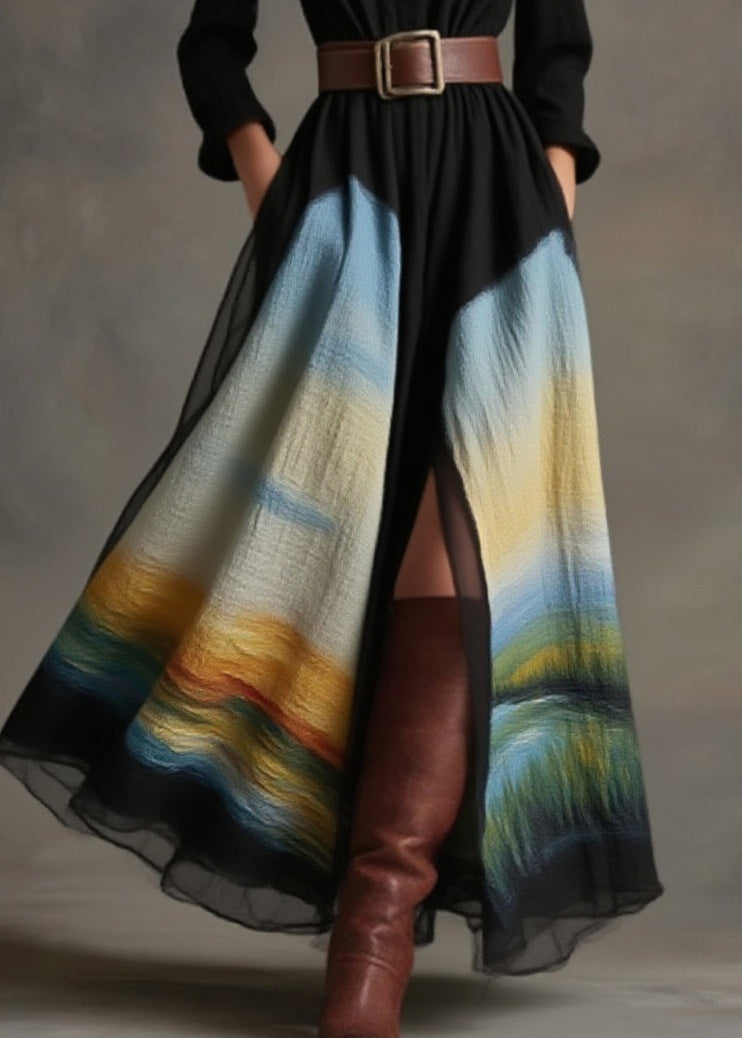 Women Black Peter Pan Collar Pockets Print Cotton Dress Spring