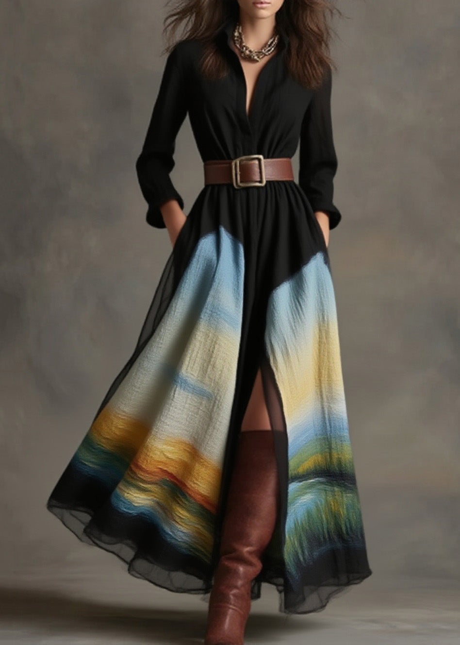 Women Black Peter Pan Collar Pockets Print Cotton Dress Spring