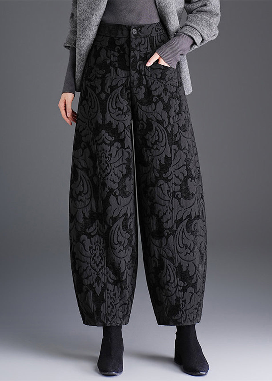 Women Black Pockets Jacquard High Waist Lantern Pants Fall