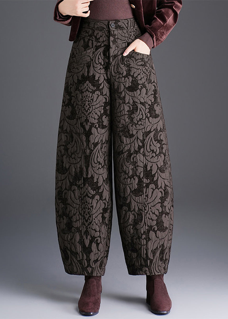 Women Black Pockets Jacquard High Waist Lantern Pants Fall