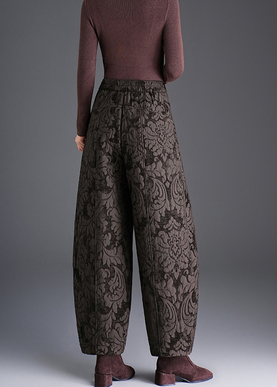 Women Black Pockets Jacquard High Waist Lantern Pants Fall