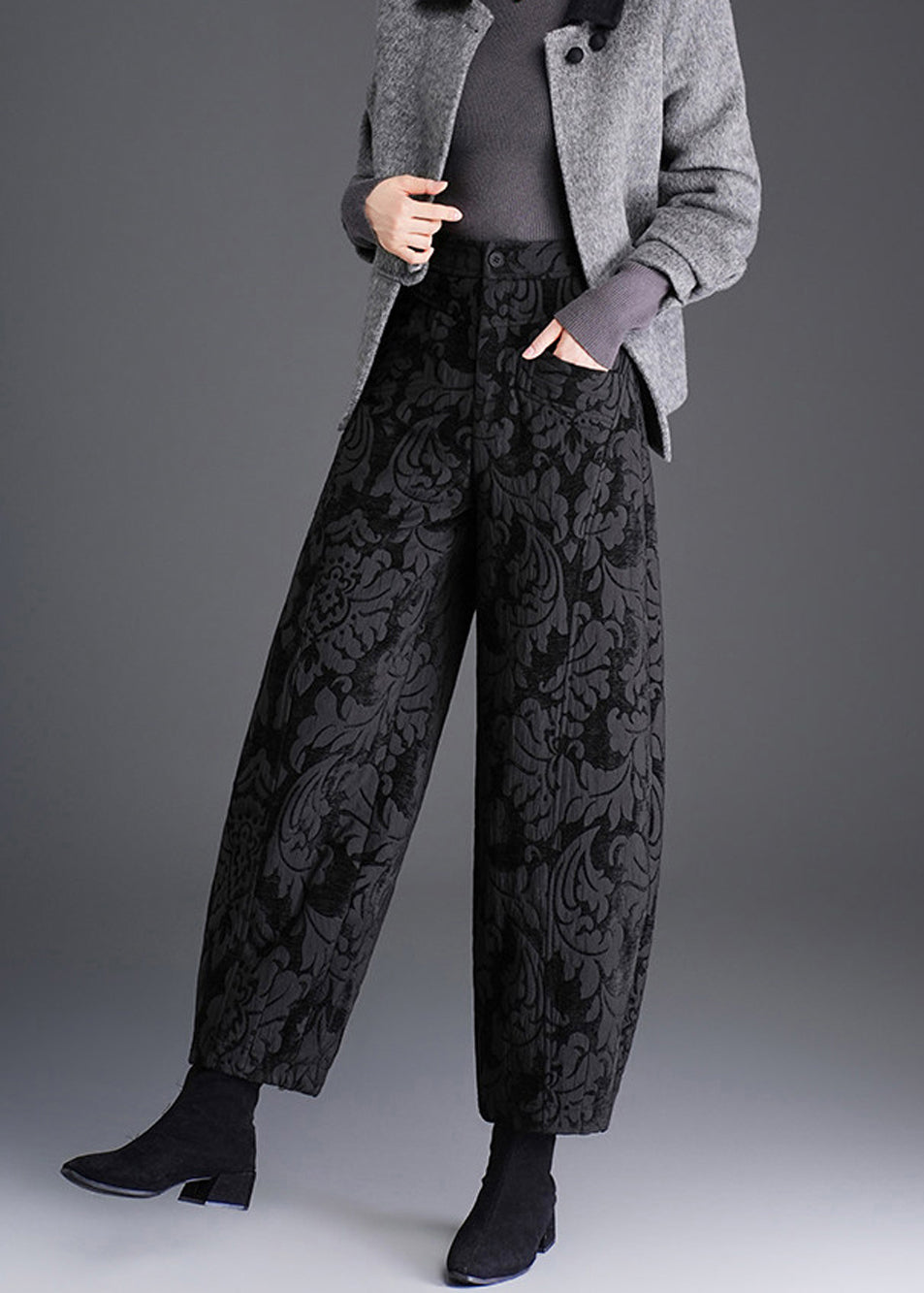 Women Black Pockets Jacquard High Waist Lantern Pants Fall