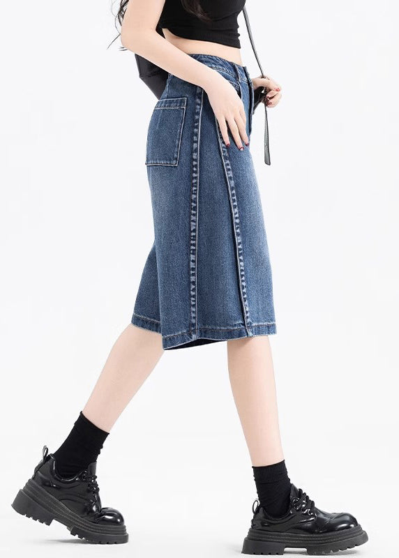 Women Black Pockets Patchwork Denim Crop Pants Summer