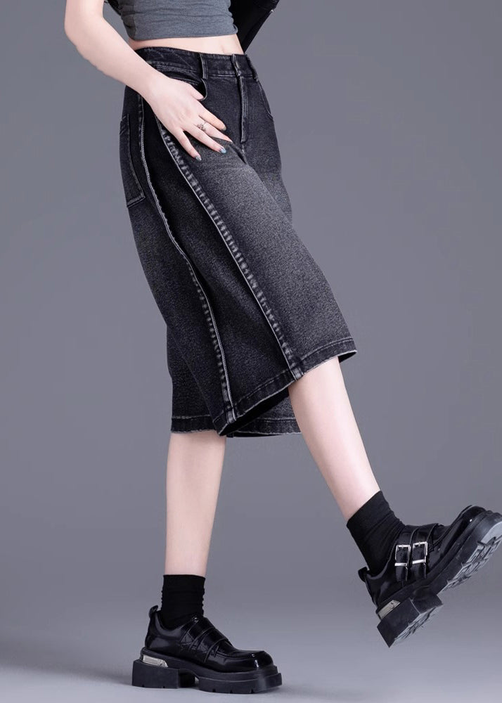 Women Black Pockets Patchwork Denim Crop Pants Summer