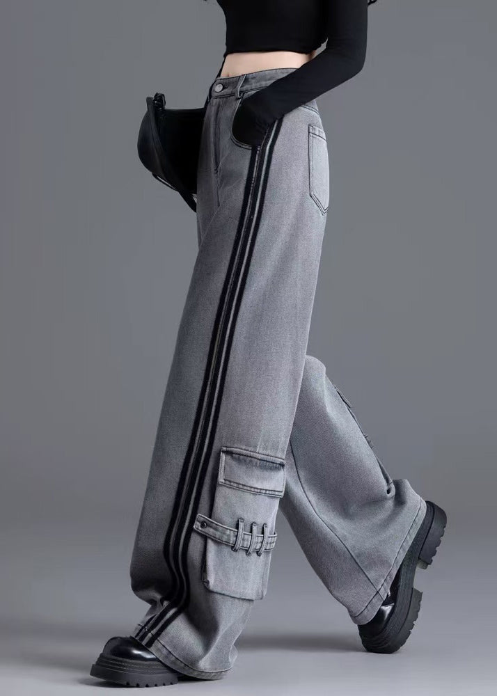 Women Black Pockets Patchwork High Waist Denim Pants Spring