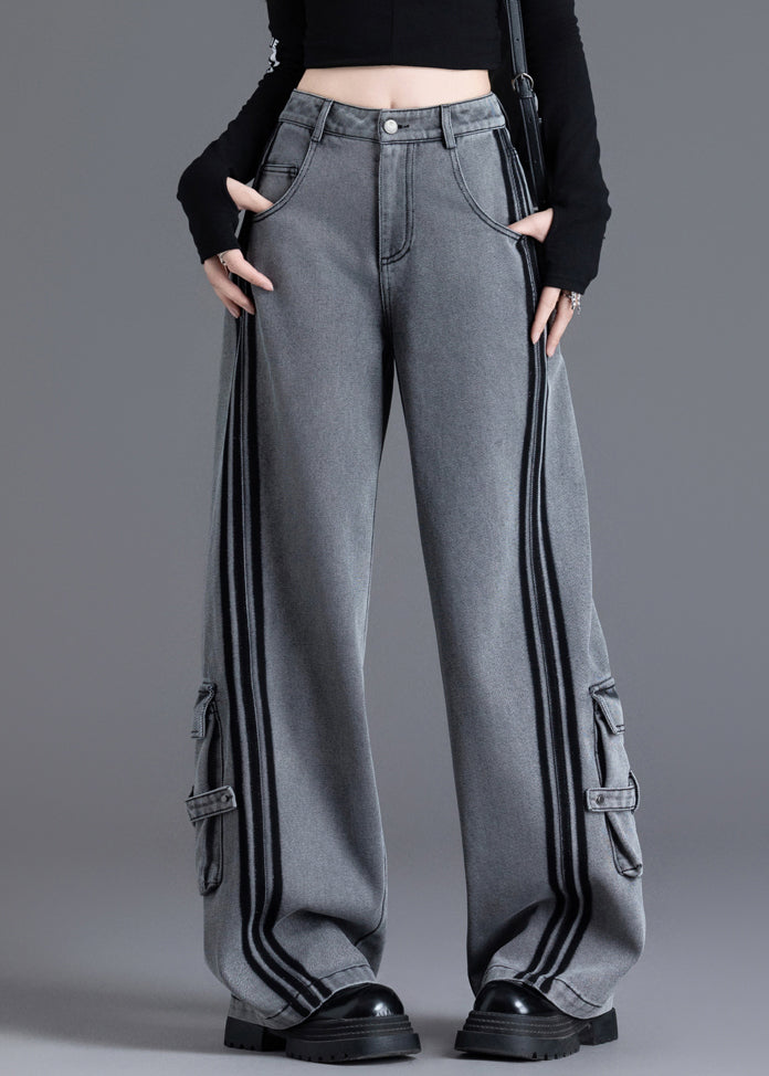 Women Black Pockets Patchwork High Waist Denim Pants Spring