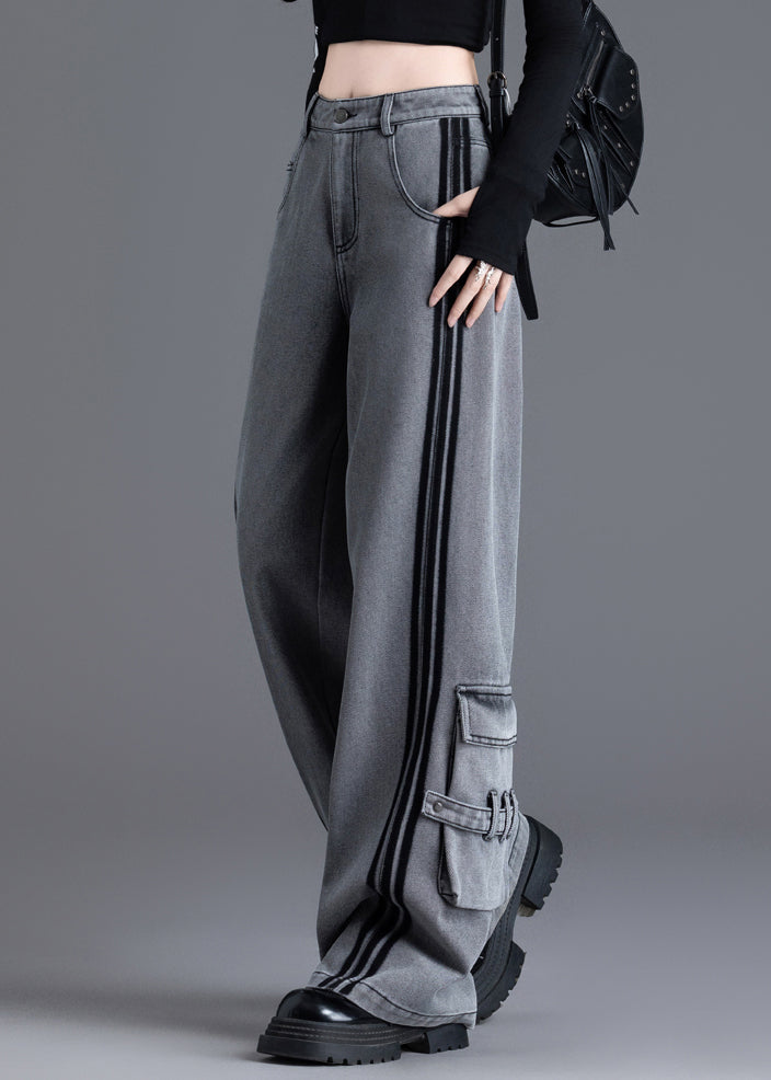 Women Black Pockets Patchwork High Waist Denim Pants Spring