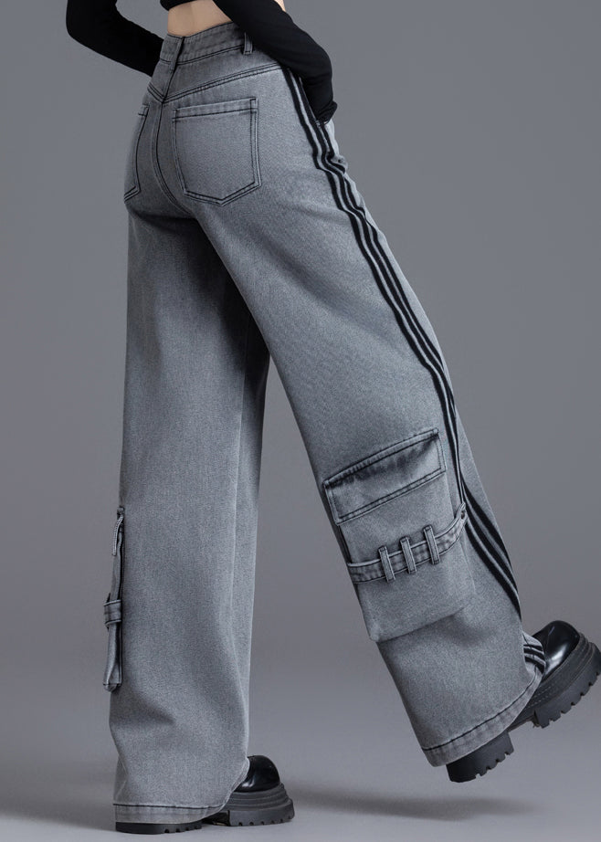 Women Black Pockets Patchwork High Waist Denim Pants Spring