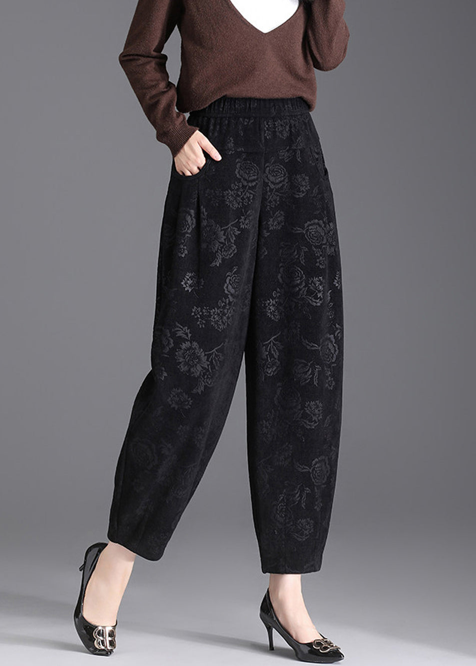 Women Black Pockets Print Elastic Waist Lantern Crop Pants Fall