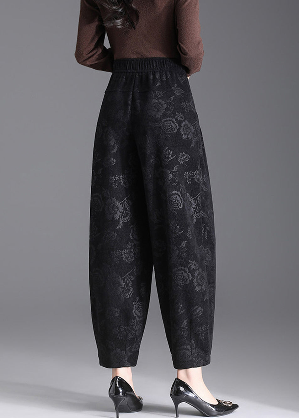 Women Black Pockets Print Elastic Waist Lantern Crop Pants Fall