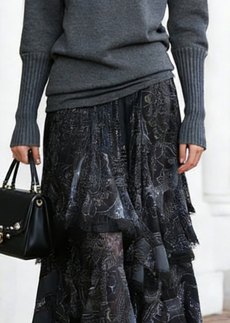 Women Black Print Elastic Waist Lace A Line Skirts - Omychic