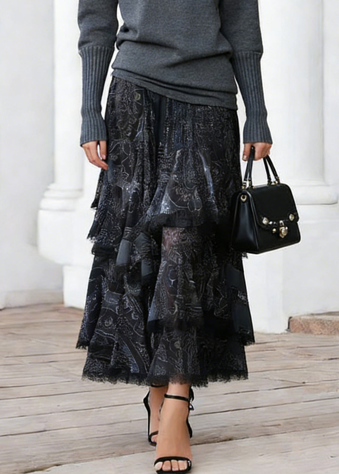 Women Black Print Elastic Waist Lace A Line Skirts - Omychic