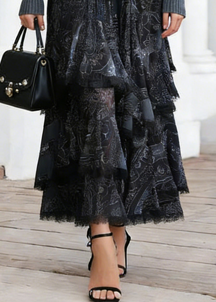 Women Black Print Elastic Waist Lace A Line Skirts - Omychic