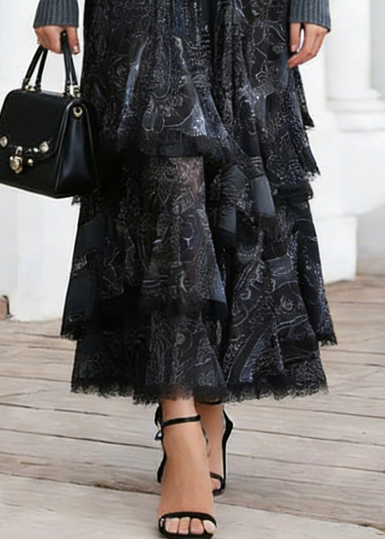 Women Black Print Elastic Waist Lace A Line Skirts - Omychic