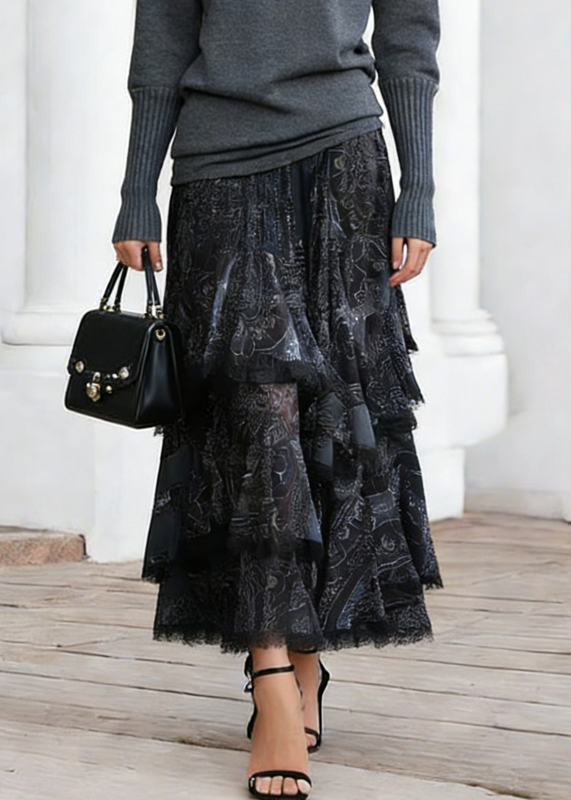 Women Black Print Elastic Waist Lace A Line Skirts - Omychic